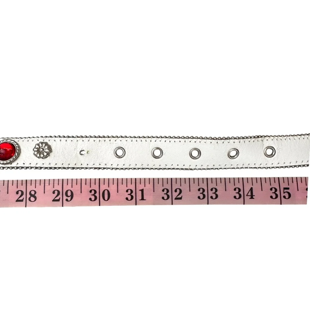 Vintage 80s Jeweled Cabochon Genuine Leather Belt M/L White Multicolor Festival